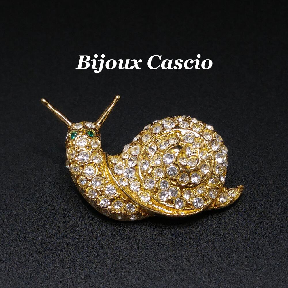 Bijoux Cascio Snail Small Brooch, Pave Clear Rhinestones, Green Eyes, Vintage